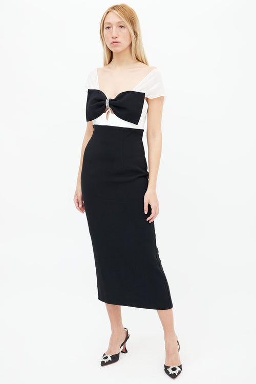 Self Portrait Black 
White Bow Cap Sleeve Dress