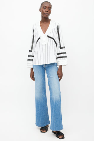 Self Portrait White 
Black Pinstripe Ruffle Blouse