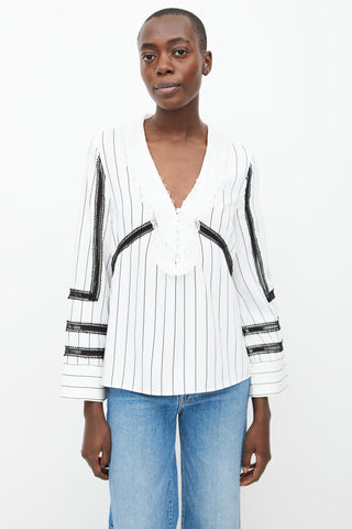 Self Portrait White 
Black Pinstripe Ruffle Blouse