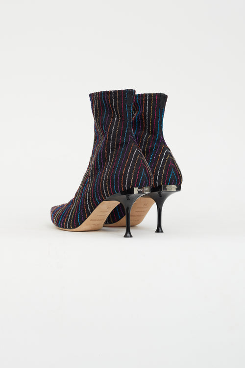 Sergio Rossi Black Multi Glitter Stripe Sock Boot