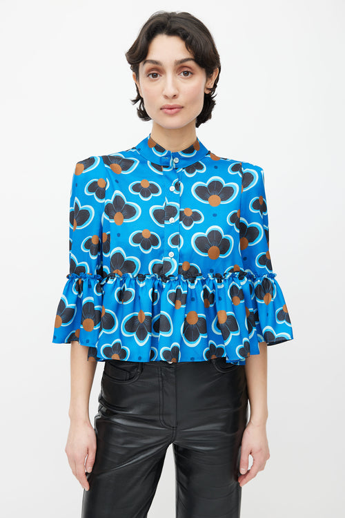 Smythe Blue, Brown 
Green Printed Floral Ruffle Crop Blouse