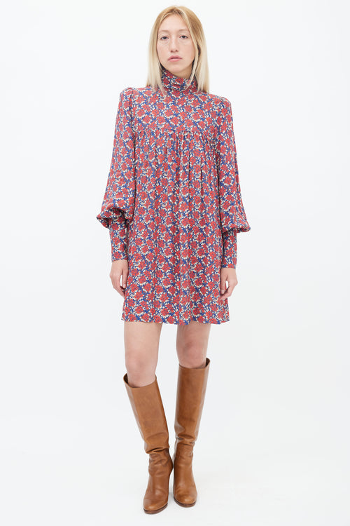 Smythe Navy, Red 
Cream Floral Printed Mock Neck Dress