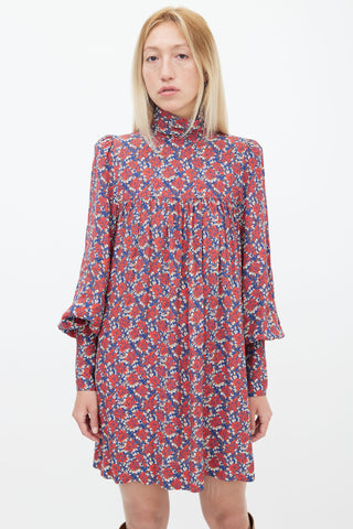 Smythe Navy, Red 
Cream Floral Printed Mock Neck Dress