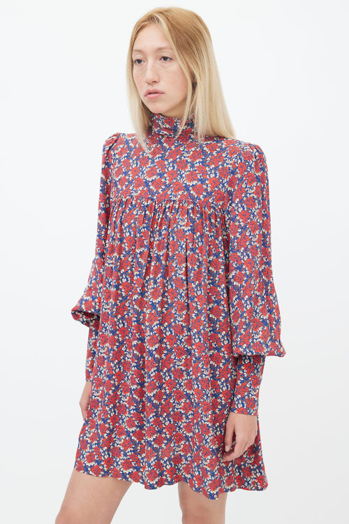 Smythe Navy, Red 
Cream Floral Printed Mock Neck Dress