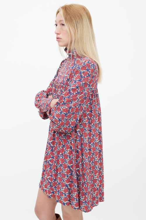 Smythe Navy, Red 
Cream Floral Printed Mock Neck Dress