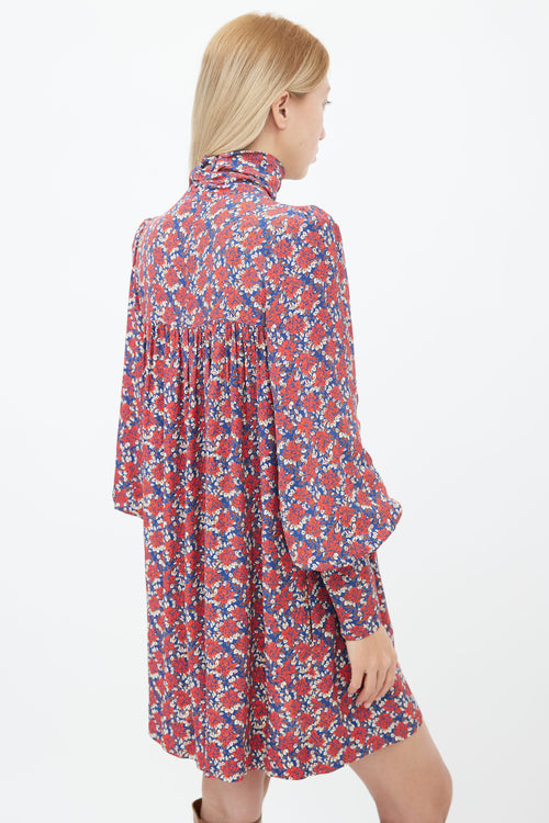 Smythe Navy, Red 
Cream Floral Printed Mock Neck Dress