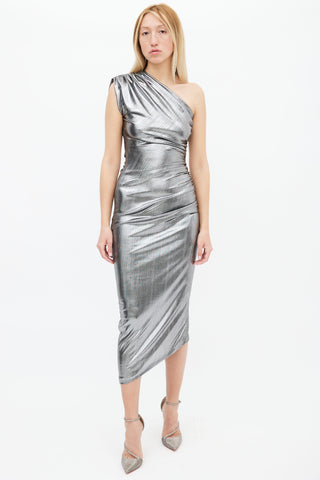 Smythe Silver One Shoulder Ruched Dress