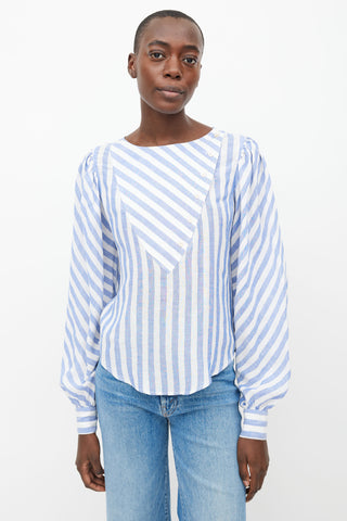 Smythe White 
Light Blue Linen Stripe Asymmetrical Blouse 