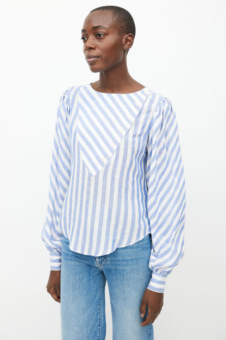 Smythe White 
Light Blue Linen Stripe Asymmetrical Blouse 