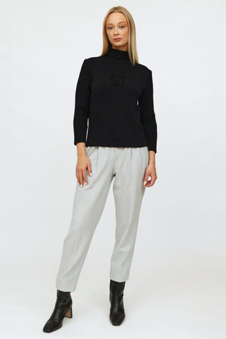 St. John Black Knit Embroidered Turtleneck