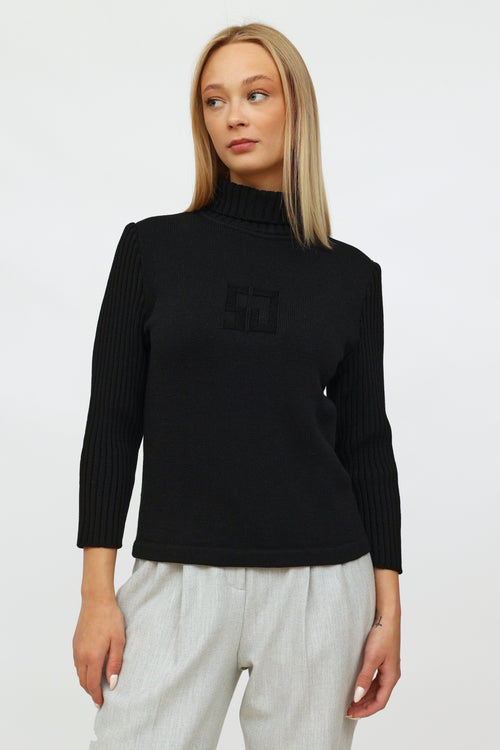 St. John Black Knit Embroidered Turtleneck