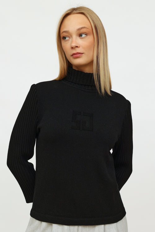 St. John Black Knit Embroidered Turtleneck