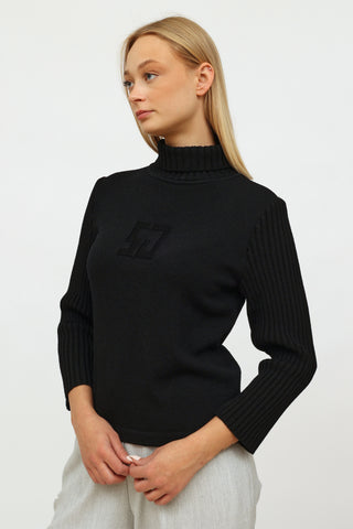 St. John Black Knit Embroidered Turtleneck