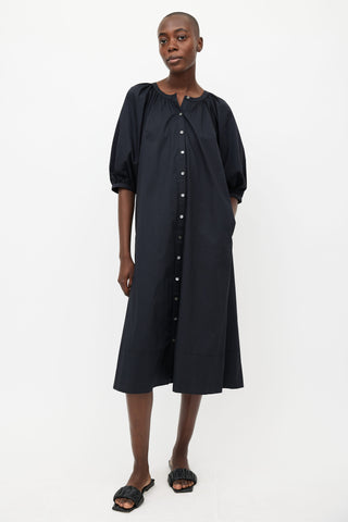 Staud Black Gathered Button Up Dress