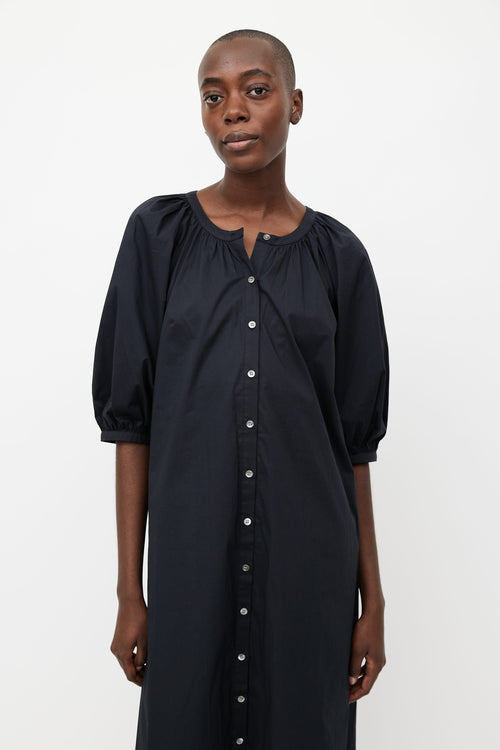 Staud Black Gathered Button Up Dress