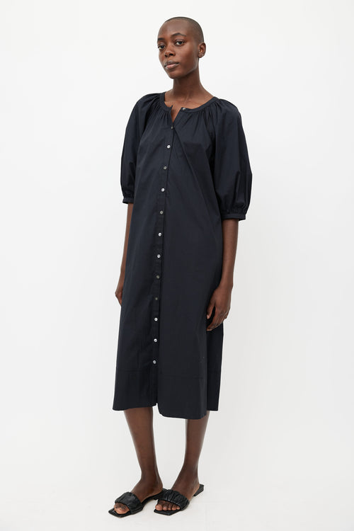 Staud Black Gathered Button Up Dress