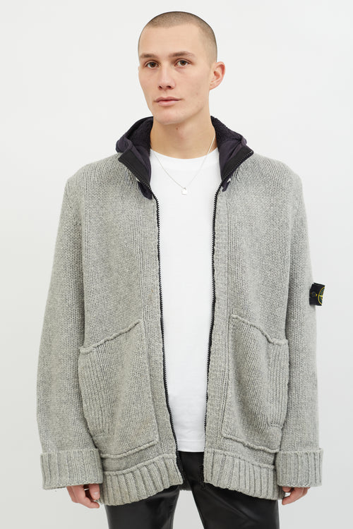 Stone Island Grey 
Navy Wool Hooded Zip Up Sweater