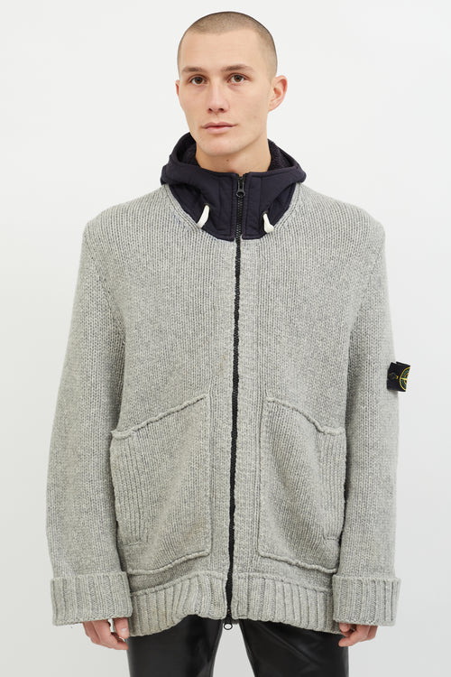 Stone Island Grey 
Navy Wool Hooded Zip Up Sweater