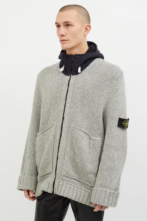 Stone Island Grey 
Navy Wool Hooded Zip Up Sweater