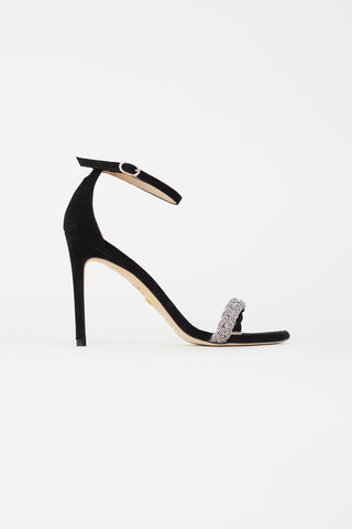 Stuart Weitzman Black Suede Nudistcurve 100 Embellished Ankle-Strap Sandal Heel