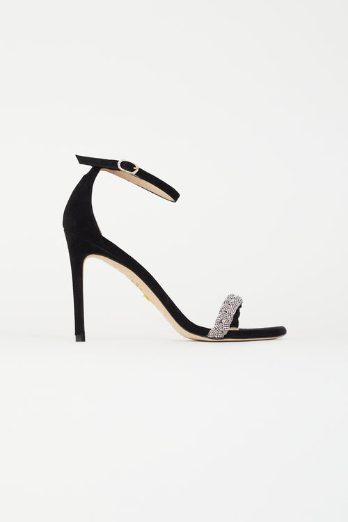 Stuart Weitzman Black Suede Nudistcurve 100 Embellished Ankle-Strap Sandal Heel