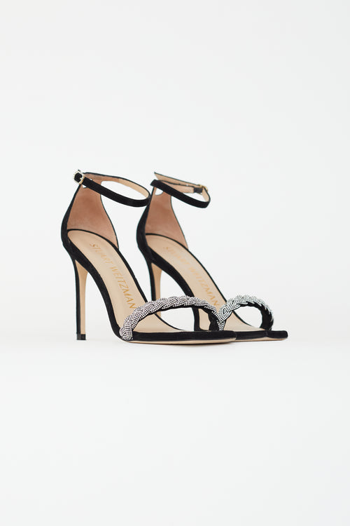 Stuart Weitzman Black Suede Nudistcurve 100 Embellished Ankle-Strap Sandal Heel