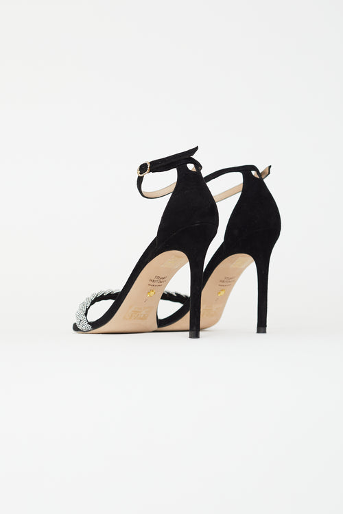 Stuart Weitzman Black Suede Nudistcurve 100 Embellished Ankle-Strap Sandal Heel