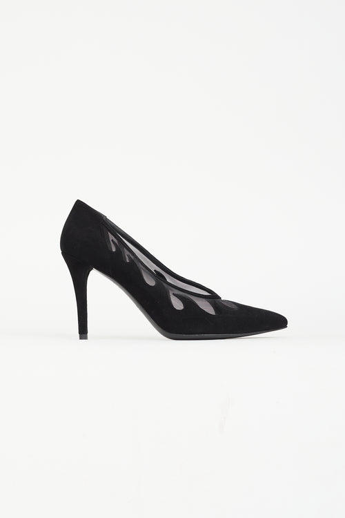 Stuart Weitzman Black Suede 
Mesh Flames Pump