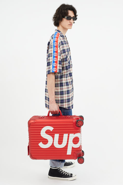 Rimowa x Supreme 45L Red 
White Logo Hard Case Topas Luggage