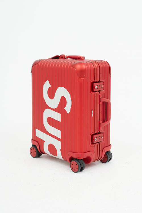 Rimowa x Supreme 45L Red 
White Logo Hard Case Topas Luggage