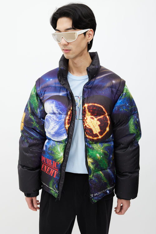 Supreme x Undercover x Public Enemy Black 
Multi Print Puffer Jacket