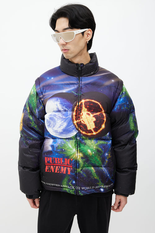 Supreme x Undercover x Public Enemy Black 
Multi Print Puffer Jacket