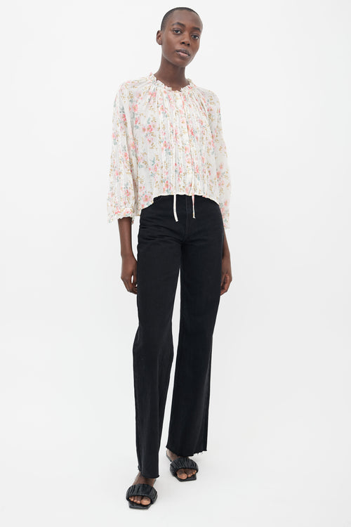 THE GREAT. Cream 
Multi Floral Print Pleated Blouse