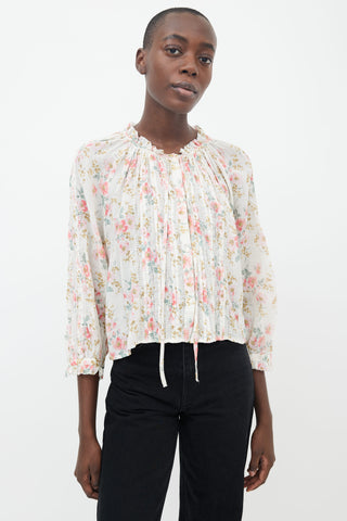 THE GREAT. Cream 
Multi Floral Print Pleated Blouse