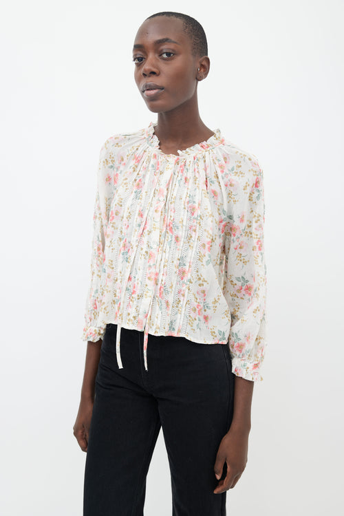 THE GREAT. Cream 
Multi Floral Print Pleated Blouse