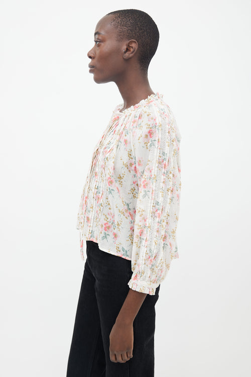 THE GREAT. Cream 
Multi Floral Print Pleated Blouse