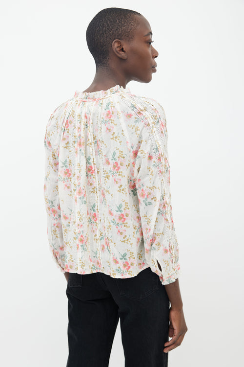 THE GREAT. Cream 
Multi Floral Print Pleated Blouse