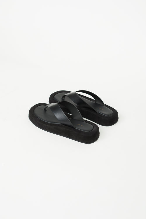 The Row Black Leather 
Suede Ginza Sandal