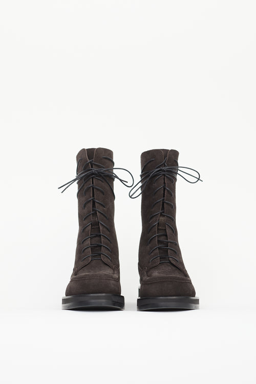 The Row Dark Brown Suede Patty Lace-Up Combat Boot