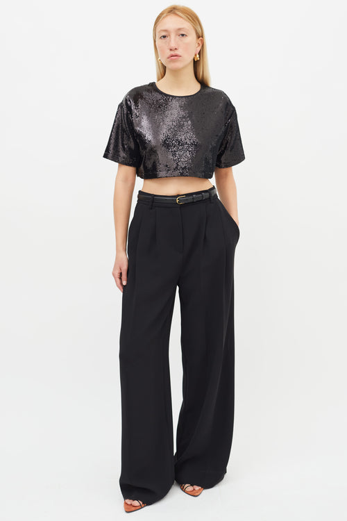 The Frankie Shop Black Sequin Crop Short Sleeve Top