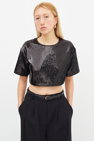 The Frankie Shop Black Sequin Crop Short Sleeve Top