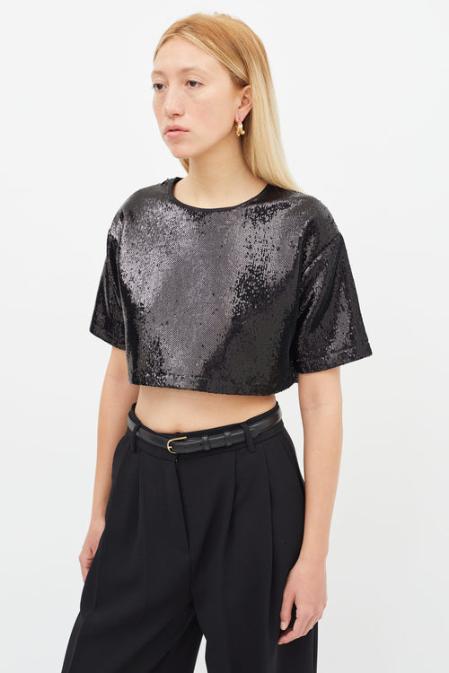 The Frankie Shop Black Sequin Crop Short Sleeve Top