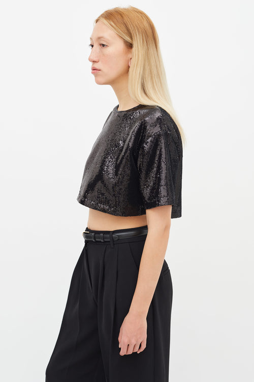 The Frankie Shop Black Sequin Crop Short Sleeve Top