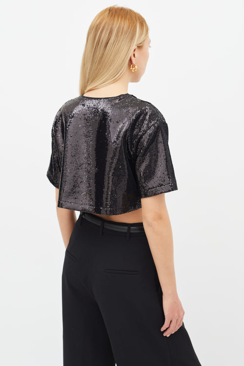 The Frankie Shop Black Sequin Crop Short Sleeve Top