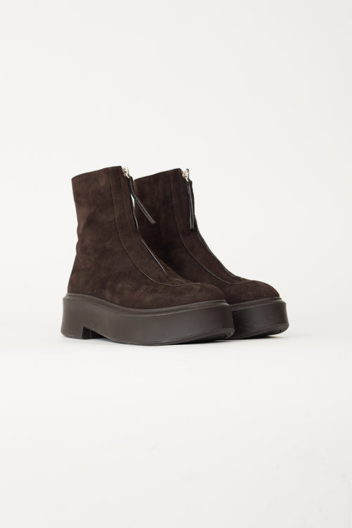 The Row Dark Brown Suede Zip Ankle Boot