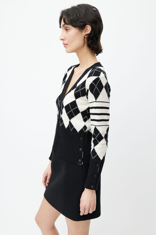 Thom Browne Black 
Cream Wool Argyle Pattern Cardigan