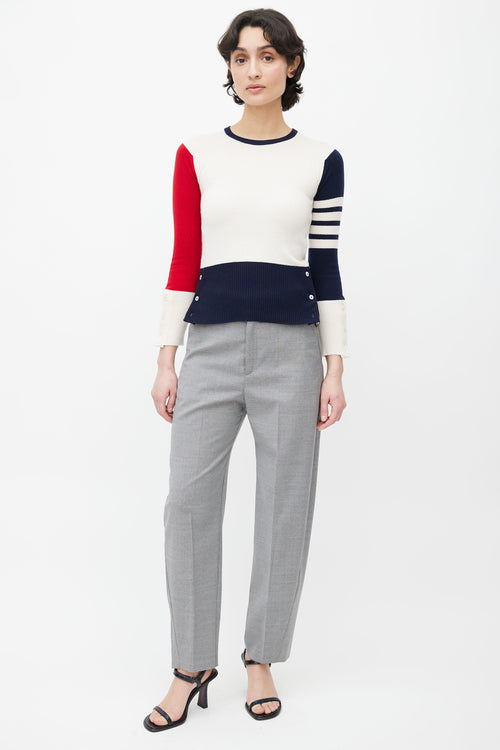 Thom Browne Cream, Navy 
Red Knit Button Sweater