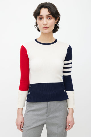 Thom Browne Cream, Navy 
Red Knit Button Sweater