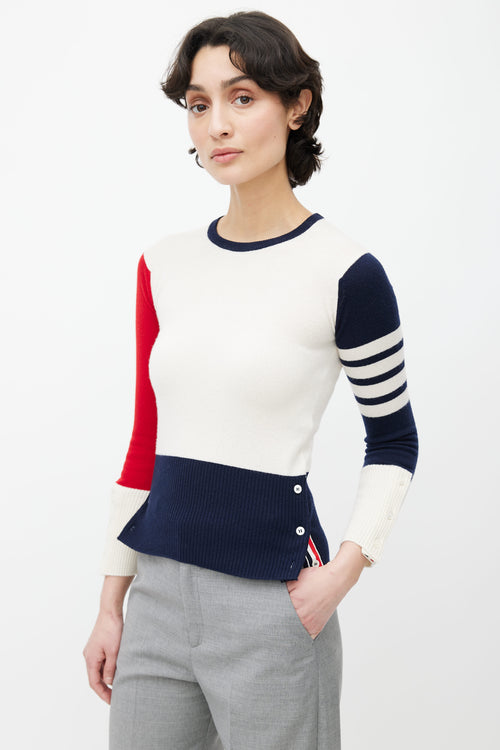 Thom Browne Cream, Navy 
Red Knit Button Sweater