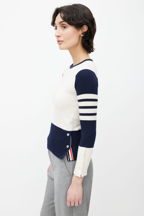 Thom Browne Cream, Navy 
Red Knit Button Sweater